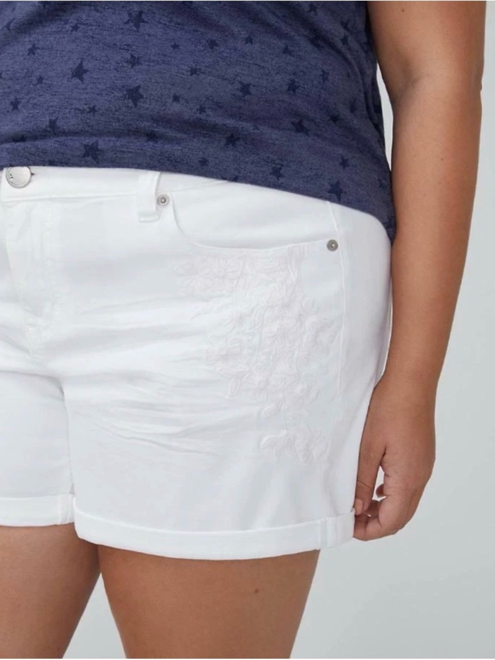 Lane Bryant White Embroidered Cuffed Jean Shorts
